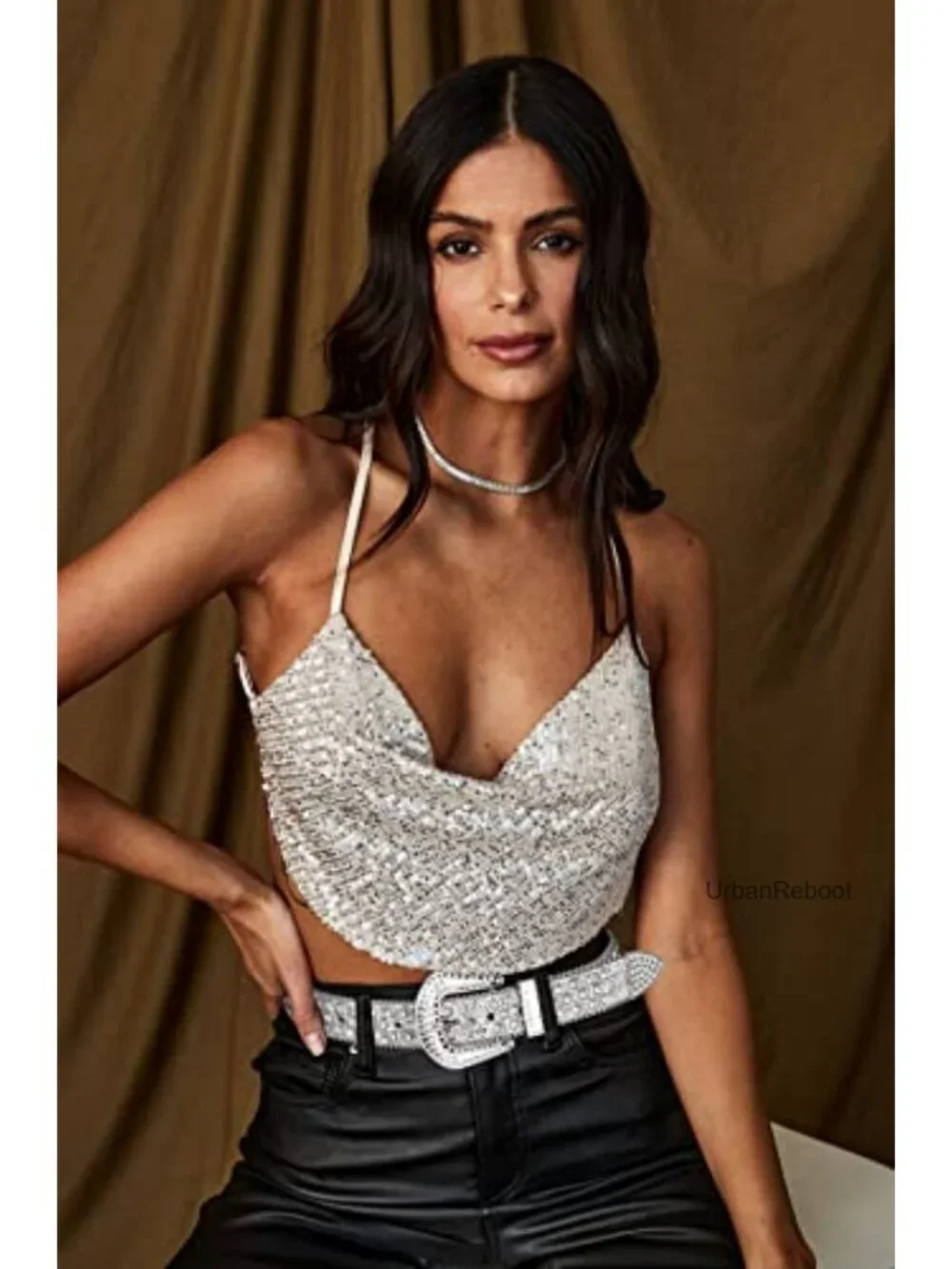 Rhinestone Western Belt with Studded Bling Buckle for Women Men